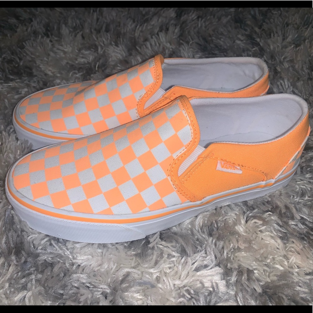 checkered board vans (neon orange)